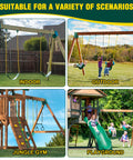 Heavy Duty Swing Set Brackets Bundle With Two A Frame Brackets Four Swing Hangers And Two Seats All Mounting Hardware Included Green Durable Porch Yard Playground Swing Kit shown in various settings: indoor, outdoor, jungle gym, and playground.