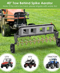 Tow Behind Spike Aerator 40 Inch Heavy Duty Rolling Lawn Aerator With 3D Star Tines and Weight Tray on grass field