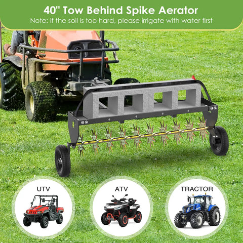 Tow Behind Spike Aerator 40 Inch Heavy Duty Rolling Lawn Aerator With 3D Star Tines and Weight Tray on grass field