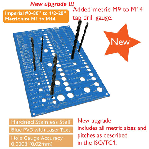 Heavy Duty Stainless Steel Tap And Drill Bit Gauge Laser Engraved Metric And Sae Charts Smooth Blue Pvd Finish for quick thread checks.