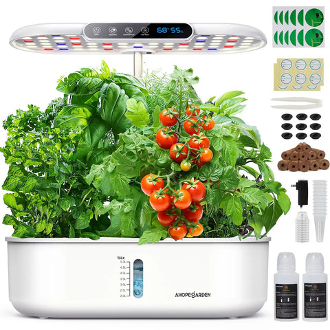 Dope Indoor Hydroponics Growing System with 12 pods, LED grow light, LCD display showing 68°F, basil and tomatoes visible
