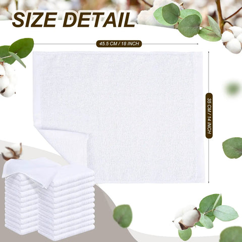 200 Pack Cotton Terry Cleaning Cloths 14 by 18 Inches White Bulk Multipurpose Shop Towels shown in detail with dimensions.