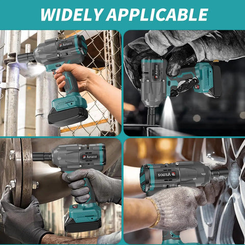 Professional Cordless Impact Wrench 1/2 Inch Brushless Motor 950 Ft Lbs shown in various applications around workshop.