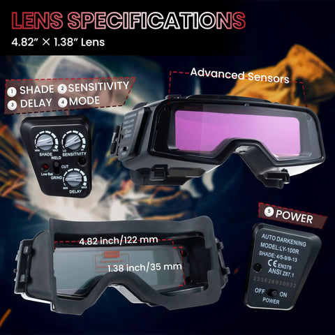 Auto Darkening Welding Goggles Kit With Welder Mask And 10 Replacement Lenses shown with lens size and advanced sensors