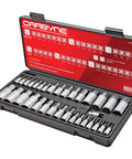 33 Piece Hex Socket Master Set For SAE And Metric Allen Bits In Quarter Inch, Three Eighth Inch, And Half Inch Drives in open case
