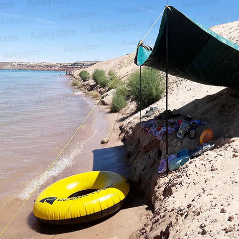 Beach setup with adjustable portable tent poles 74.8 inches beefy rustproof thickened iron stakes used for tarp shelter.