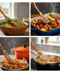 Premium Wooden Cooking Spoon Set of Three Dishwasher Safe and Heat Resistant Kitchen Utensils for Nonstick Pans being used to stir vegetables in a blue baking dish.