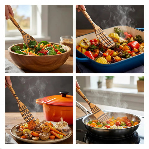Premium Wooden Cooking Spoon Set of Three Dishwasher Safe and Heat Resistant Kitchen Utensils for Nonstick Pans being used to stir vegetables in a blue baking dish.