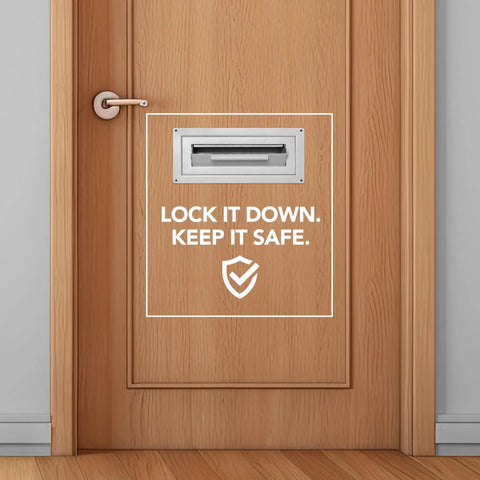 Through-The-Door Drop Box Deposit Safe In Heavy-Duty Steel With Lock, 12x6x15 Inches mounted on a wooden door with security message.