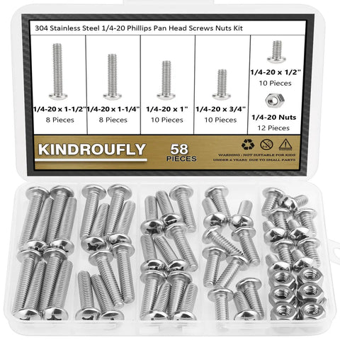 58 Piece Stainless Steel 1/4-20 Phillips Pan Head Machine Screws And Matching Hex Nuts Set With 1/2 Inch, 3/4 Inch, 1 Inch, 1-1/4 Inch, 1-1/2 Inch Lengths Fully Threaded 304 Grade For DIY Projects And Home Repairs in plastic case