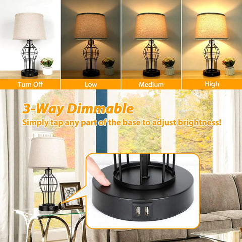 Set Of 2 Touch Control Table Lamps With USB Ports And 3 Way Dimmable Bedside Lights, Fabric Shade, LED Bulbs Included, brightness levels shown