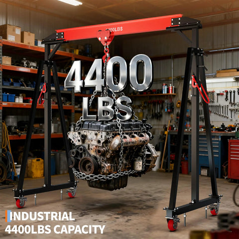 Heavy Duty Gantry Crane 2 Ton Capacity With Manual Trolley And Nylon Sling, Portable Garage Hoist for engine lifts, 4400 lbs engine suspended.