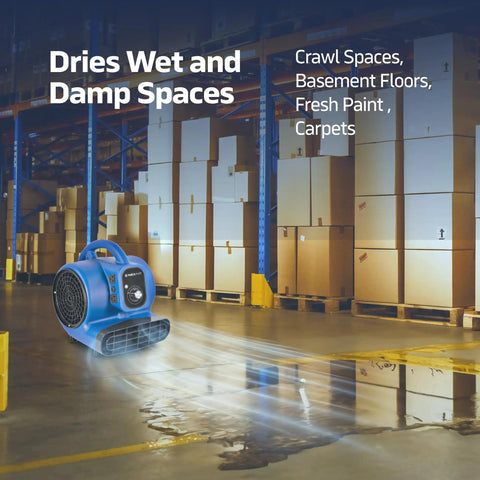 High-Velocity 1/4 HP Industrial Carpet Dryer With 3 Speed Air Mover drying wet warehouse floor