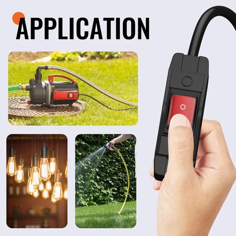 Outdoor 2 Ft 14AWG 3 Prong Extension Cord With Waterproof Lighted Inline Switch Plug In Ready Power Cable 15A 125V Heavy Duty Outdoor Electrical Extension Cord For Equipment And Tools shown in use with garden pump, lights, and hose