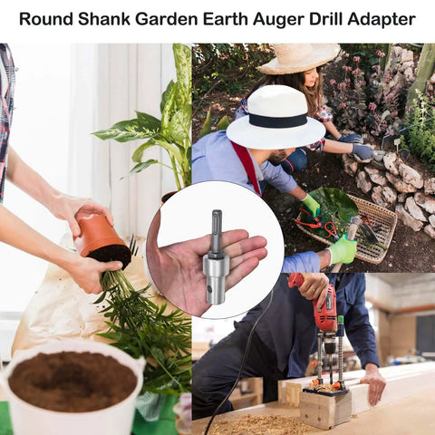Round Shank Garden Auger Drill Adapter For SDS Plus And SDS Rotary Hammer Drills in use for gardening and construction tasks