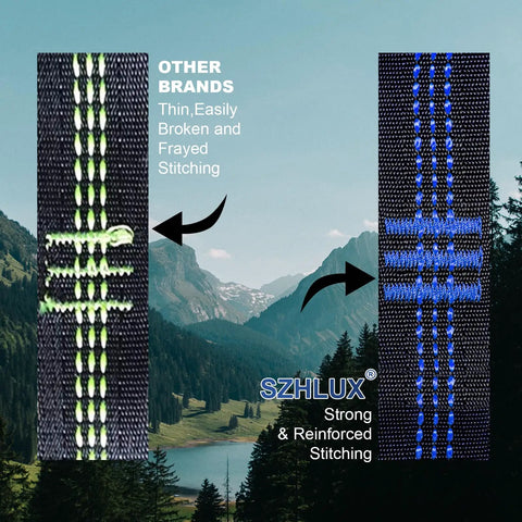 Comparison of tree hammock strap stitching, highlighting durability of 10 feet long heavy duty hammock suspension straps for camping.