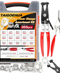 355-Piece Spring Band Hose Clamp Kit in 15 Sizes Ranging 6 to 25mm, Carbon Steel, with swivel pliers and removal tool visible