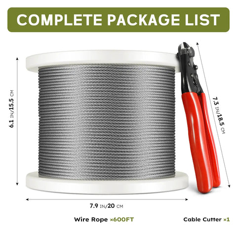 600 Ft One Eighth Inch T316 Stainless Steel Aircraft Cable For Deck Railing Kit And DIY Balustrades, 7x7 Construction With Cutter