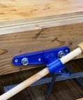 Heavy Duty Front Screw Woodworking Bench Vise With 10.5 Inch Jaw And Tough As Nails Steel Build For Garages And Workbenches with blue finish clamping wood.