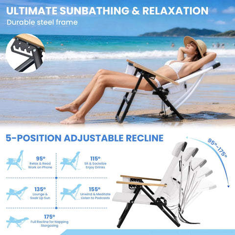 Person relaxing on Premium Portable Camping Chair With 5-Position Recliner at beach, cream white, wooden armrests visible.