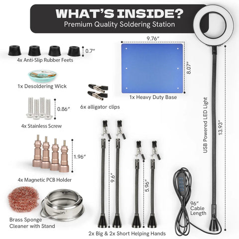 Components of Pro Grade All In One Soldering Station With 5X Magnifying Lamp And LED Light, Includes accessories for electronics repair