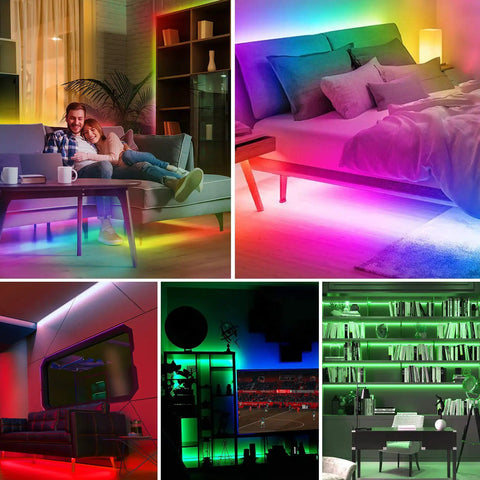 8 Channel Bluetooth LED Controller With Built In Mic And Aux Music SP608E used for colorful home lighting effects in various rooms.