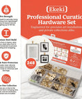 248 Piece Picture Hanging Kit With Heavy Duty Hooks For Walls, Frames And Mirrors, Display Ready Hardware Set Includes Sawtooth Hangers, D Rings, Wire, Nails, Adhesive Dots, And Self Stick Bumpers For No Wobble, Straight Hangs. 248-piece gold hardware set in organizer
