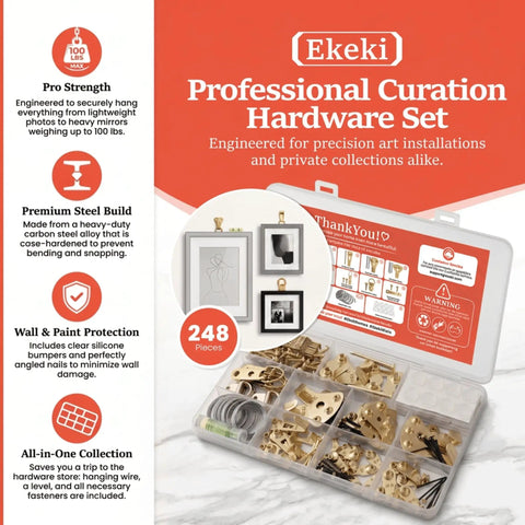 248 Piece Picture Hanging Kit With Heavy Duty Hooks For Walls, Frames And Mirrors, Display Ready Hardware Set Includes Sawtooth Hangers, D Rings, Wire, Nails, Adhesive Dots, And Self Stick Bumpers For No Wobble, Straight Hangs. 248-piece gold hardware set in organizer