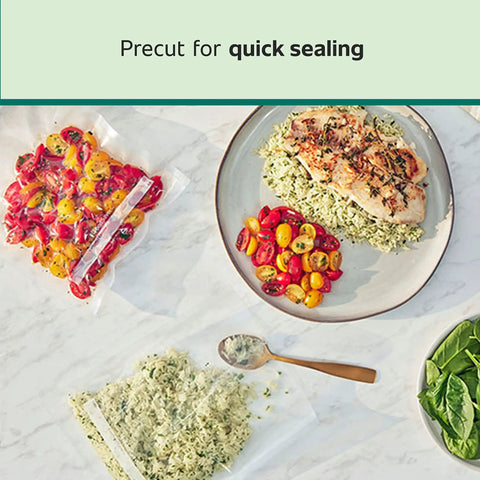 Precut Vacuum Sealer Bags For Airtight Food Storage And Sous Vide Cooking BPA Free 1 Quart 44 Count sealed with food on table