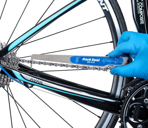 Using No Guesswork Bicycle Chain Wear Checker Pro Grade Gauge on bike chain for maintenance