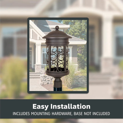 Ellington Outdoor Post Lantern Light in Oil Rubbed Bronze, 23 inch Mediterranean cast aluminum with intricate scroll design.