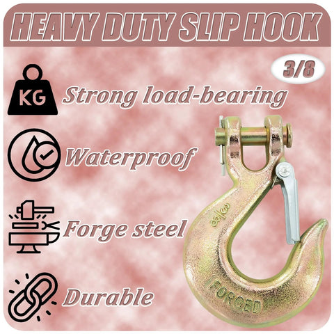 Front view of a 3/8 in forged steel clevis slip hook with safety latch on pink packaging (2-pack)