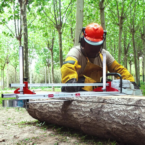 Person using Portable Chainsaw Mill Kit For Builders And Woodworkers, Adjustable Three-Size Mill For 14 To 36 Inch Planks in forest