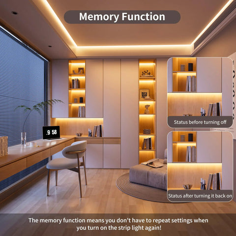 COB LED Strip Light Under Cabinet Lighting 24ft Cool White 6500K Dimmable Tape With RF Remote 24V in modern living room display.