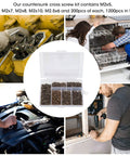 1200 Piece Woodworking Screws Kit M2 M5 Self Tapping Cross Countersunk Set With Assorted Sizes in plastic storage box
