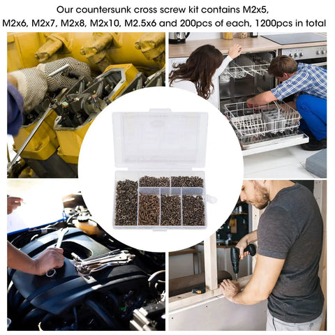 1200 Piece Woodworking Screws Kit M2 M5 Self Tapping Cross Countersunk Set With Assorted Sizes in plastic storage box