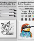 All In One College Stationery Gear with mechanical pencils, lead holders, sketches of a cat and bird, erasers, and colorful leads.