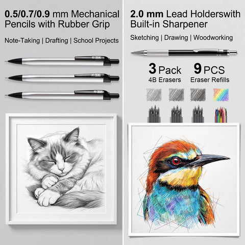 All In One College Stationery Gear with mechanical pencils, lead holders, sketches of a cat and bird, erasers, and colorful leads.