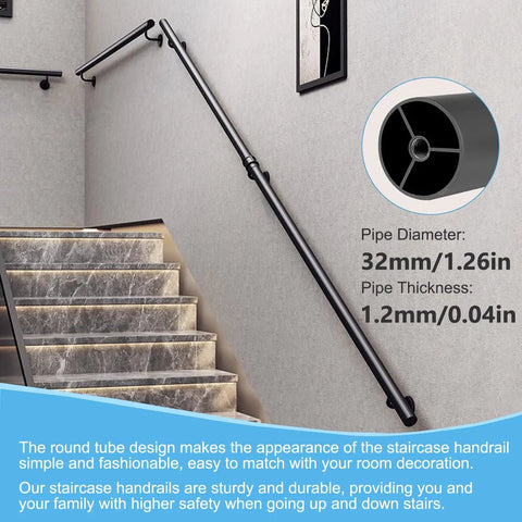 Heavy Duty Black Metal Stair Railing Wall Mounted Non Slip Handrail For Indoor Outdoor Stairs Solid Safety Grab Bar with round tube design.