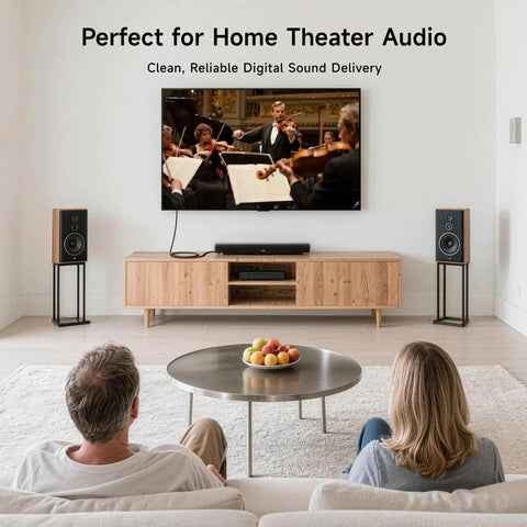 Premium Digital Toslink Audio Cable For Home Theater And Gaming Zero Drama Plug And Play Hookup For Rich Warm Hi Fi Stereo Sound Optique Cord For Tv Soundbar Receiver with couple enjoying a movie.