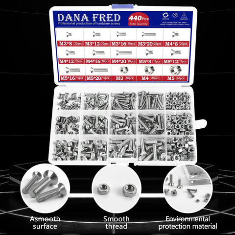 440 Piece Flat Hex Socket Head Cap Screws Kit In 304 Stainless Steel M3 M4 M5 Metric Threads With Countersunk Allen Drive Bolts