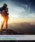 Hiker overlooking sunset on mountain, relevant for Two Person Camping Tent With Rain Fly And Carry Bag Ultra Lightweight And Compact Outdoor Shelter