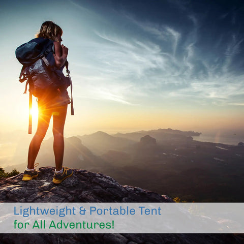 Hiker overlooking sunset on mountain, relevant for Two Person Camping Tent With Rain Fly And Carry Bag Ultra Lightweight And Compact Outdoor Shelter