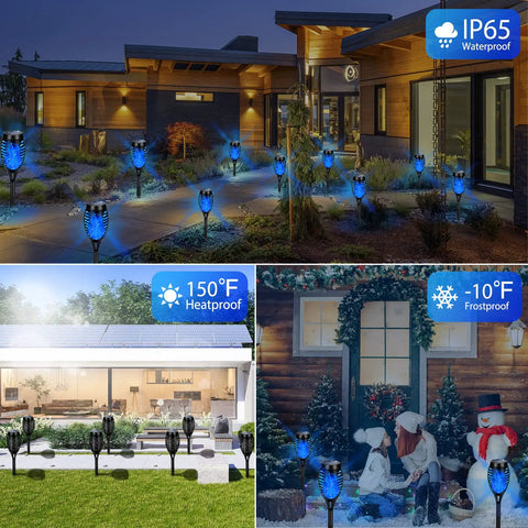 Blue Solar Torch Lights 6 Pack With Flickering Flame, Waterproof Outdoor Garden Decor Torches Installed Along Pathway