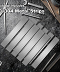 Top Shelf 304 Brushed Stainless Steel Trim Strips 10 Pack For Cabinet And Wall Edge Molding laid out on a workshop tabletop.