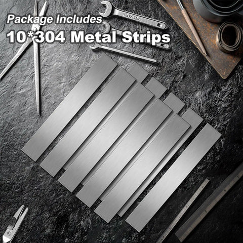 Top Shelf 304 Brushed Stainless Steel Trim Strips 10 Pack For Cabinet And Wall Edge Molding laid out on a workshop tabletop.