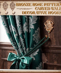 Built Tough Six Pack Vintage Curtain Tieback Hooks With Real Sharp Carved Rose Design Heavy Duty Cast Iron Wall Hooks For Coats Towels Keys Ready To Hang Gold Finish, showcasing decorative green curtains and bronze wall hook.