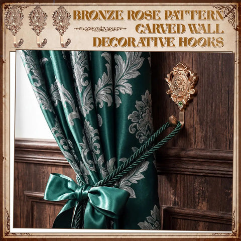 Built Tough Six Pack Vintage Curtain Tieback Hooks With Real Sharp Carved Rose Design Heavy Duty Cast Iron Wall Hooks For Coats Towels Keys Ready To Hang Gold Finish, showcasing decorative green curtains and bronze wall hook.
