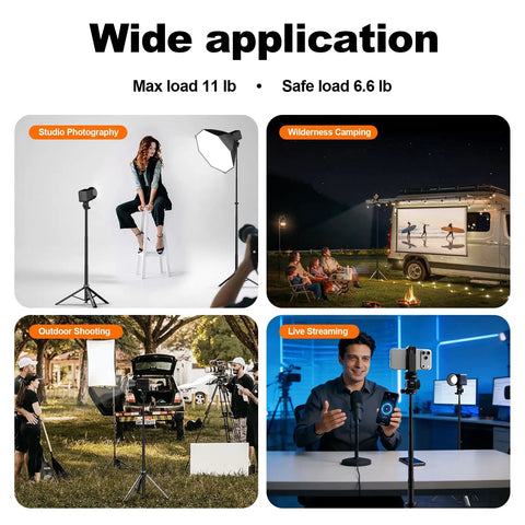 Collage showing Auto Open 83.4 Inch Light Stand With Quick Release Ball Head For versatile use in various photography settings