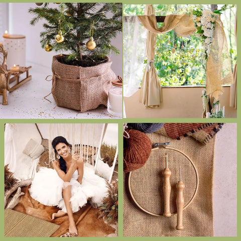 Natural Burlap Roll 60 Inch By 100 Feet Garden Weed Barrier Fabric Jute Cloth used for decor, plant wrapping, and crafts.